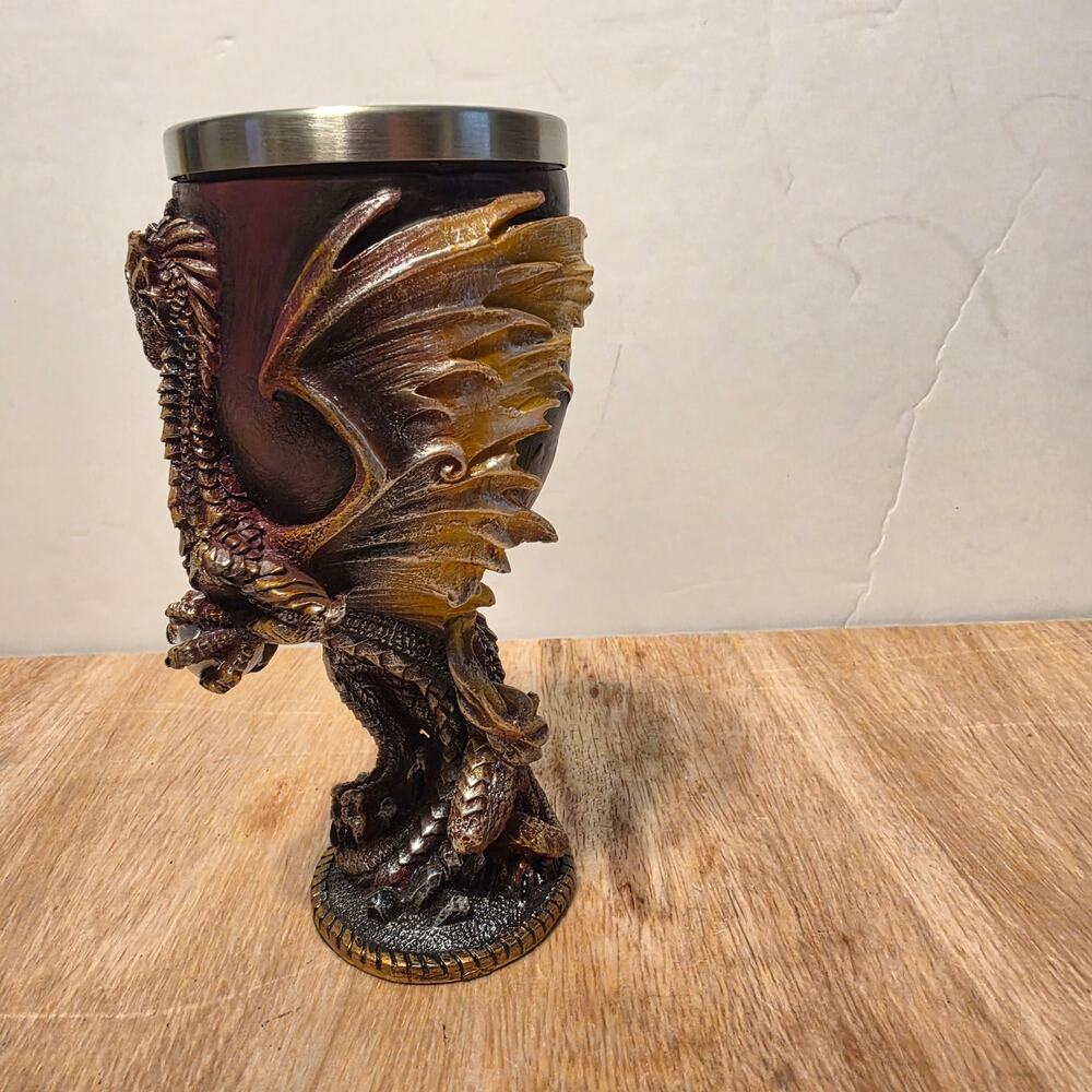 Medieval Dragon/Wyvern Wine Goblet Chalice stainless steel maroon and gold